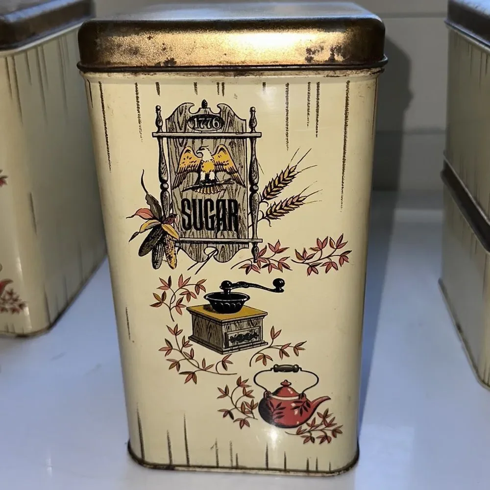 Vintage mid century‎ Cheinco Housewares 1776 off white metal canister set